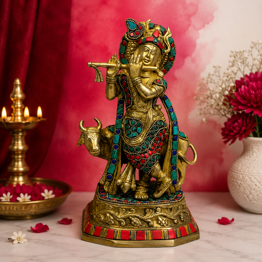 Brassaura® Krishna Playing Flute Idol with Cow, Multicolor Stone Work, Premium Gold Finish | Pure Superfine Brass Handcrafted Murti | Brass Statue for Home Temple, Pooja Room | Height 23.62 Inches | Weight 9.3 Kgs