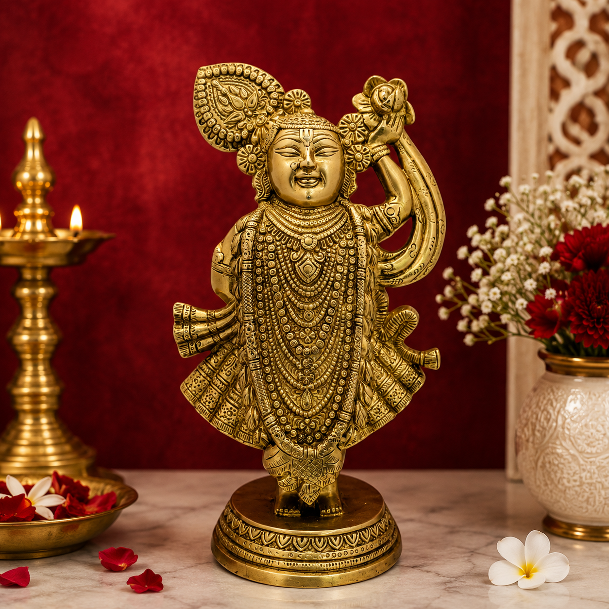 Brassaura® Krishna Standing Idol, Traditional Gold Finish | Pure Superfine Brass Handcrafted Murti | Brass Statue for Home Temple, Pooja Room | Height 12.99 Inches | Weight 4.2 Kgs