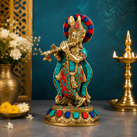 Brassaura® Krishna Playing Flute Idol with Multicolor Stone Work, Premium Gold Finish | Pure Superfine Brass Handcrafted Murti | Brass Statue for Home Temple, Pooja Room | Height 9.84 Inches | Weight 1.2 Kgs