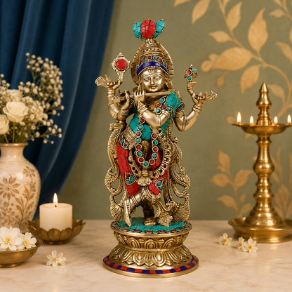 Brassaura® Lord Krishna with Flute and Four Arms, Multicolor Stone Work, Premium Gold Finish | Pure Superfine Brass Handcrafted Murti | Brass Statue for Home Temple, Pooja Room | Height 16.54 Inches | Weight 2.3 Kgs