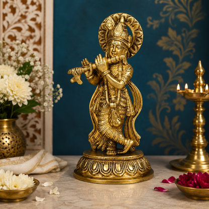 Brassaura® Lord Krishna Playing Flute, Traditional Standing Pose, Premium Gold Finish | Pure Superfine Brass Handcrafted Murti | Brass Statue for Home Temple, Pooja Room | Height 10.63 Inches | Weight 1.1 Kgs