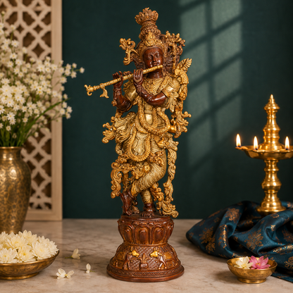 Brassaura® Lord Krishna Playing Flute, Ornate Traditional Standing Pose, Antique Dual-Tone Finish | Pure Superfine Brass Handcrafted Murti | Brass Statue for Home Temple, Pooja Room | Height 29.92 Inches | Weight 16 Kgs
