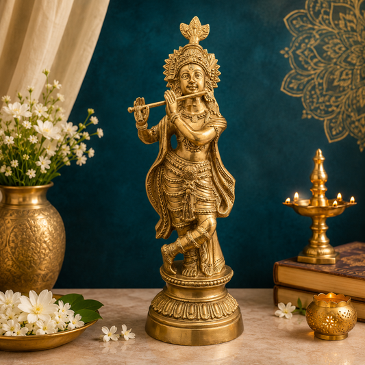 Brassaura® Lord Krishna Playing Flute, Graceful Standing Pose, Classic Brass Finish | Pure Superfine Brass Handcrafted Murti | Brass Statue for Home Temple, Pooja Room | Height 16.14 Inches | Weight 5 Kgs