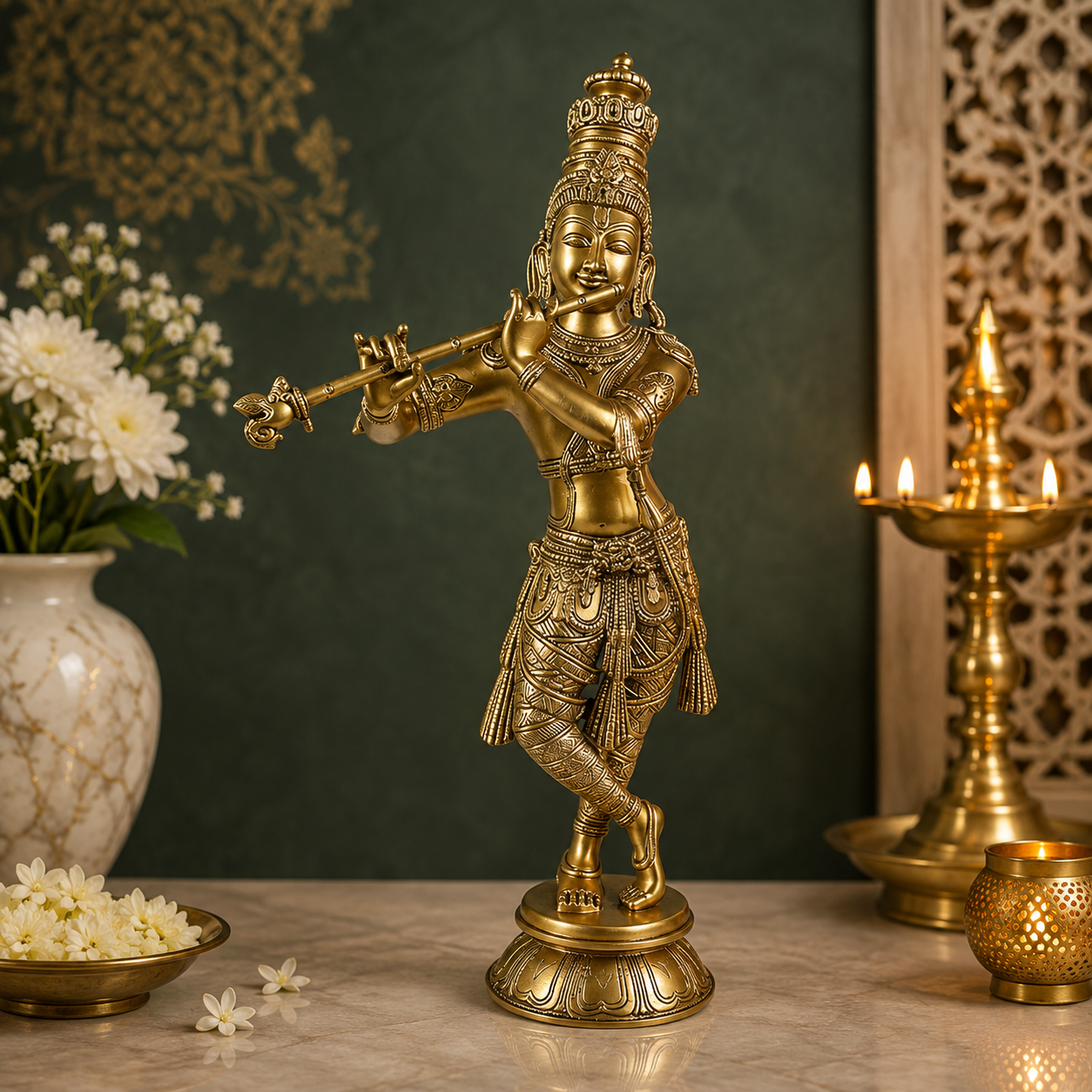 Brassaura® Lord Krishna Playing Flute, Elegant Tribhanga Standing Pose, Classic Gold Finish | Pure Superfine Brass Handcrafted Murti | Brass Statue for Home Temple, Pooja Room | Height 23.62 Inches | Weight 9.3 Kgs