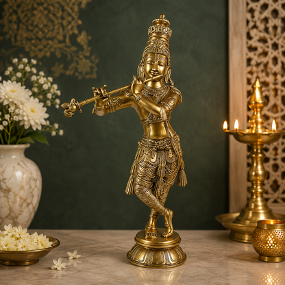 Brassaura® Lord Krishna Playing Flute, Elegant Tribhanga Standing Pose, Classic Gold Finish | Pure Superfine Brass Handcrafted Murti | Brass Statue for Home Temple, Pooja Room | Height 23.62 Inches | Weight 9.3 Kgs