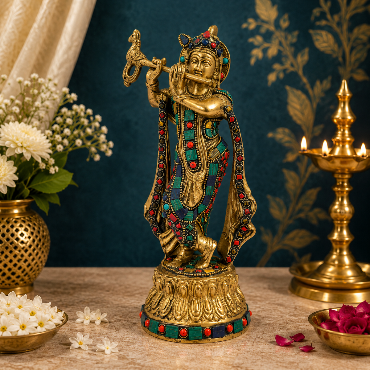 Brassaura® Lord Krishna Playing Flute, Graceful Standing Pose with Multicolor Stone Work, Antique Gold Finish | Pure Superfine Brass Handcrafted Murti | Brass Statue for Home Temple, Pooja Room | Height 11.02 Inches | Weight 2.2 Kgs