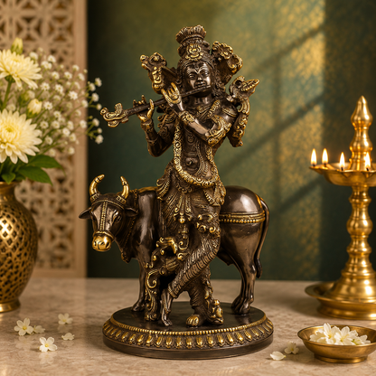 Brassaura® Lord Krishna Playing Flute with Cow, Graceful Standing Pose, Antique Dark Brass Finish | Pure Superfine Brass Handcrafted Murti | Brass Statue for Home Temple, Pooja Room | Height 11.81 Inches | Weight 3 Kgs