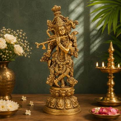 Brassaura® Lord Krishna Playing Flute, Ornate Traditional Standing Pose, Antique Gold Finish | Pure Superfine Brass Handcrafted Murti | Brass Statue for Home Temple, Pooja Room | Height 16.14 Inches | Weight 4.5 Kgs