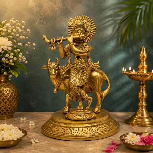 Brassaura® Lord Krishna Playing Flute with Cow, Traditional Standing Pose, Premium Gold Finish | Pure Superfine Brass Handcrafted Murti | Brass Statue for Home Temple, Pooja Room | Height 7.87 Inches | Weight 2 Kgs