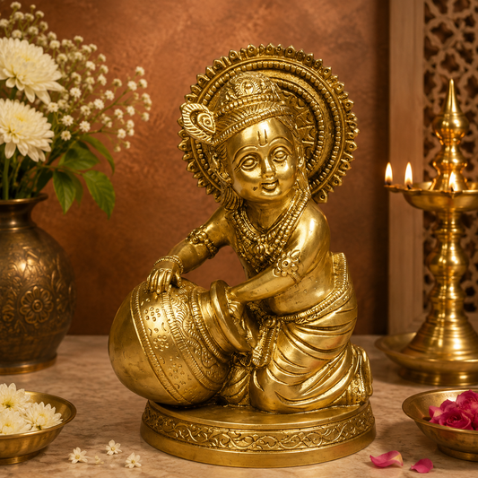 Brassaura® Bal Krishna with Matki, Seated Pose, Classic Gold Finish | Pure Superfine Brass Handcrafted Murti | Brass Statue for Home Temple, Pooja Room | Height 7.09 Inches | Weight 1.25 Kgs