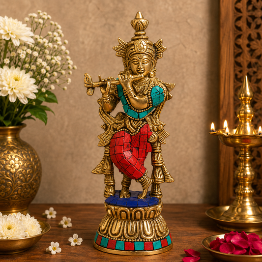 Brassaura® Lord Krishna Playing Flute, Graceful Standing Pose with Multicolor Stone Work, Gold Finish | Pure Superfine Brass Handcrafted Murti | Brass Statue for Home Temple, Pooja Room | Height 7.87 Inches | Weight 500 Grams