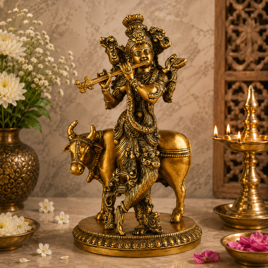 Brassaura® Lord Krishna Playing Flute with Cow, Traditional Standing Pose, Antique Gold Finish | Pure Superfine Brass Handcrafted Murti | Brass Statue for Home Temple, Pooja Room | Height 11.02 Inches | Weight 3 Kgs