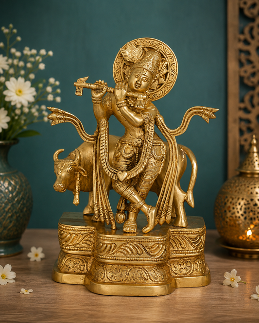 Brassaura® Lord Krishna Playing Flute with Cow, Graceful Standing Pose, Classic Gold Finish | Pure Superfine Brass Handcrafted Murti | Brass Statue for Home Temple, Pooja Room | Height 10.63 Inches | Weight 2.8 Kgs