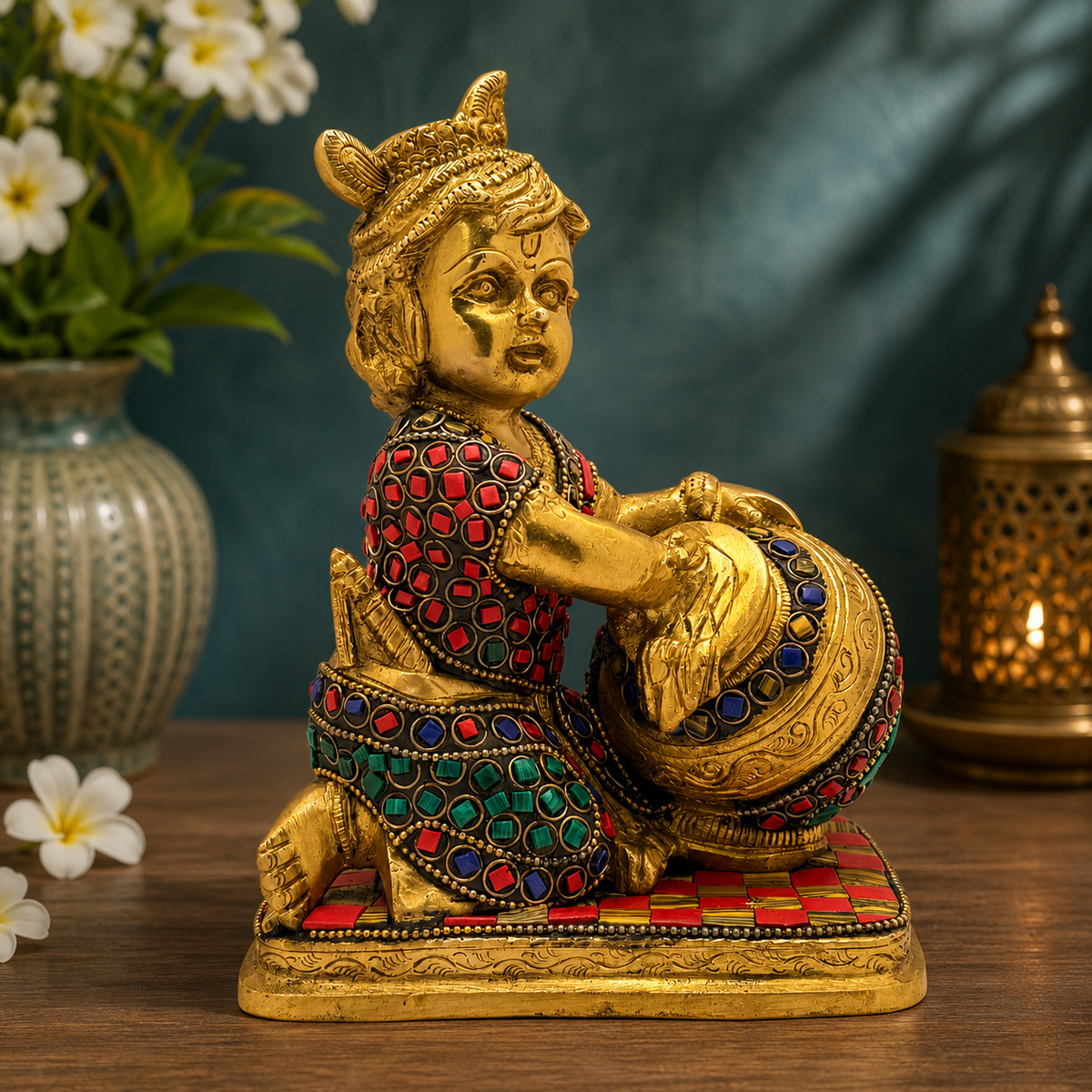 Brassaura® Bal Krishna Playing with Butter Pot, Seated Pose, Multicolor Gemstone Work Gold Finish | Pure Superfine Brass Handcrafted Murti | Brass Statue for Home Temple, Pooja Room | Height 7.87 Inches | Weight 2.5 Kgs