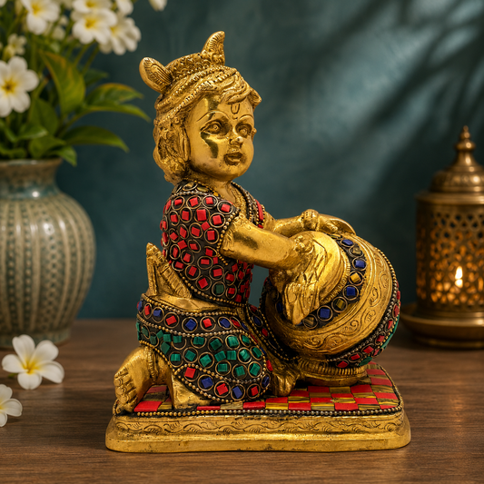 Brassaura® Bal Krishna Playing with Butter Pot, Seated Pose, Multicolor Gemstone Work Gold Finish | Pure Superfine Brass Handcrafted Murti | Brass Statue for Home Temple, Pooja Room | Height 7.87 Inches | Weight 2.5 Kgs
