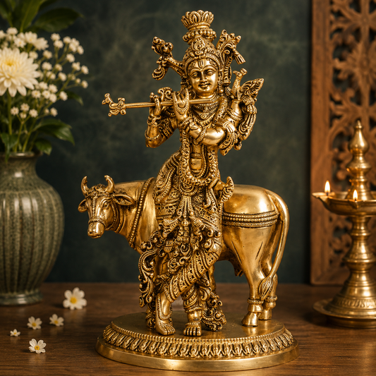 Brassaura® Lord Krishna Playing Flute with Cow, Graceful Standing Pose, Gold Finish | Pure Superfine Brass Handcrafted Murti | Brass Statue for Home Temple, Pooja Room | Height 10.63 Inches | Weight 3 Kgs
