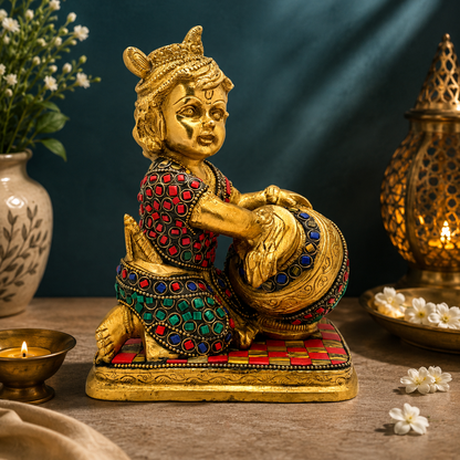 Brassaura® Bal Krishna with Butter Pot, Makhan Leela Seated Pose, Multicolor Gemstone Work Gold Finish | Pure Superfine Brass Handcrafted Murti | Brass Statue for Home Temple, Pooja Room | Height 6.5 Inches | Weight 1.4 Kgs