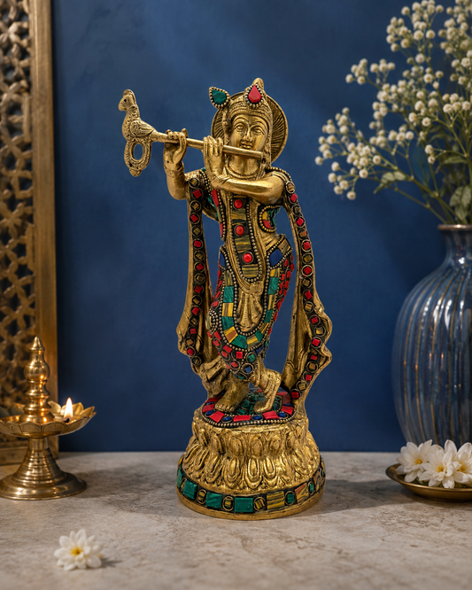 Brassaura® Lord Krishna Playing Flute, Standing Pose with Peacock Flute, Multicolor Gemstone Work Gold Finish | Pure Superfine Brass Handcrafted Murti | Brass Statue for Home Temple, Pooja Room | Height 5.12 Inches | Weight 2.2 Kgs