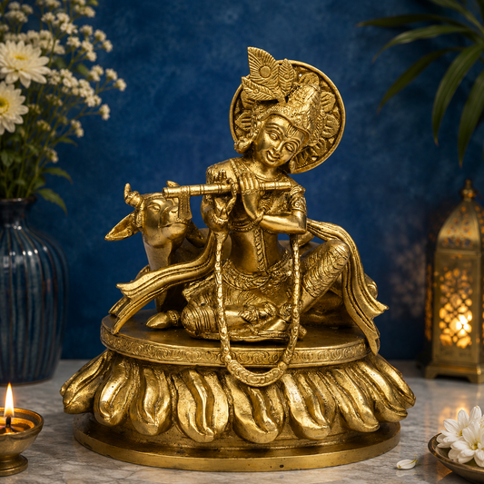 Brassaura® Lord Krishna Playing Flute with Cow, Seated Pose, Gold Finish | Pure Superfine Brass Handcrafted Murti | Brass Statue for Home Temple, Pooja Room | Height 4.33 Inches | Weight 3.3 Kgs