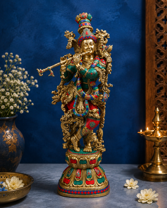 Brassaura® Lord Krishna Playing Flute, Elaborately Embellished Standing Pose, Multicolor Gemstone Work Gold Finish | Pure Superfine Brass Handcrafted Murti | Brass Statue for Home Temple, Pooja Room | Height 29.92 Inches | Weight 16.5 Kgs