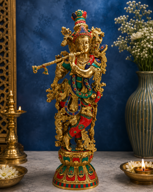 Brassaura® Lord Krishna Playing Flute, Elaborately Embellished Standing Pose, Multicolor Gemstone Work Gold Finish | Pure Superfine Brass Handcrafted Murti | Brass Statue for Home Temple, Pooja Room | Height 29.13 Inches | Weight 16.5 Kgs