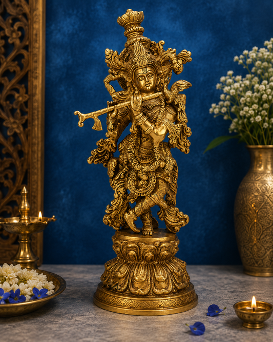 Brassaura® Lord Krishna Playing Flute, Elaborately Embellished Standing Pose, Gold Finish | Pure Superfine Brass Handcrafted Murti | Brass Statue for Home Temple, Pooja Room | Height 16.14 Inches | Weight 4.7 Kgs