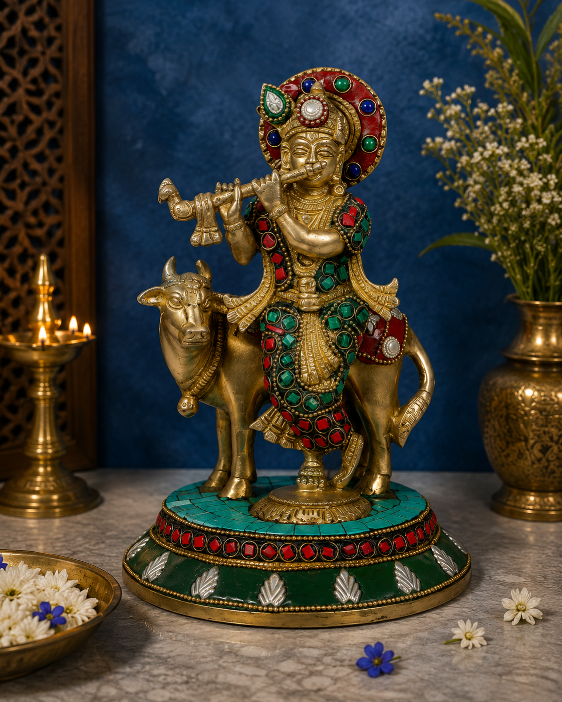 Brassaura® Lord Krishna Playing Flute with Cow, Standing Pose, Multicolor Gemstone Work Gold Finish | Pure Superfine Brass Handcrafted Murti | Brass Statue for Home Temple, Pooja Room | Height 9.84 Inches | Weight 2.25 Kgs