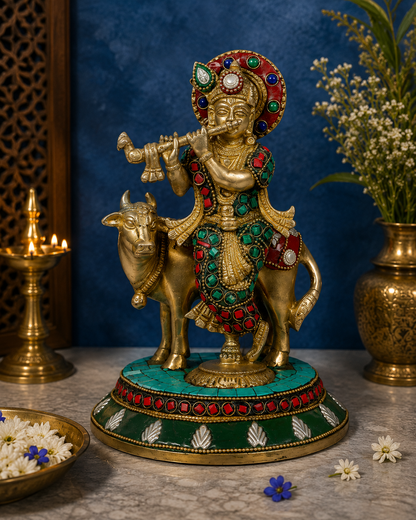 Brassaura® Lord Krishna Playing Flute with Cow, Standing Pose, Multicolor Gemstone Work Gold Finish | Pure Superfine Brass Handcrafted Murti | Brass Statue for Home Temple, Pooja Room | Height 9.84 Inches | Weight 2.25 Kgs