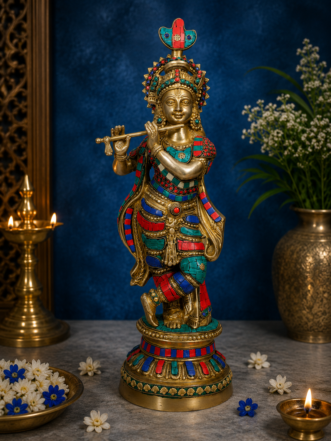 Brassaura® Lord Krishna Playing Flute, Graceful Standing Pose, Multicolor Gemstone Work Gold Finish | Pure Superfine Brass Handcrafted Murti | Brass Statue for Home Temple, Pooja Room | Height 22.05 Inches | Weight 6.28 Kgs