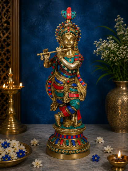 Brassaura® Lord Krishna Playing Flute, Graceful Standing Pose, Multicolor Gemstone Work Gold Finish | Pure Superfine Brass Handcrafted Murti | Brass Statue for Home Temple, Pooja Room | Height 22.05 Inches | Weight 6.28 Kgs