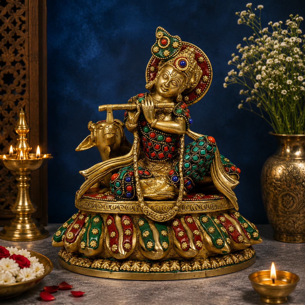 Brassaura® Lord Krishna Playing Flute with Cow, Seated Pose, Multicolor Gemstone Work Gold Finish | Pure Superfine Brass Handcrafted Murti | Brass Statue for Home Temple, Pooja Room | Height 10.24 Inches | Weight 3.3 Kgs