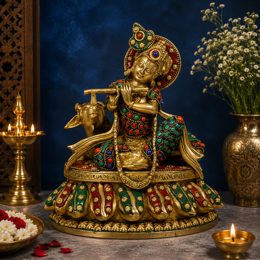 Brassaura® Lord Krishna Playing Flute with Cow, Seated Pose, Multicolor Gemstone Work Gold Finish | Pure Superfine Brass Handcrafted Murti | Brass Statue for Home Temple, Pooja Room | Height 10.24 Inches | Weight 3.3 Kgs