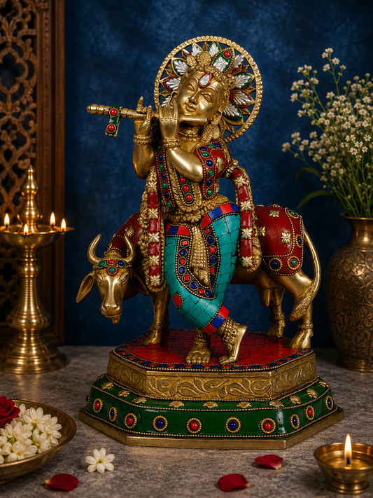 Brassaura® Lord Krishna Playing Flute with Cow, Graceful Standing Pose, Multicolor Gemstone Work Gold Finish | Pure Superfine Brass Handcrafted Murti | Brass Statue for Home Temple, Pooja Room | Height 13.39 Inches | Weight 4.95 Kgs
