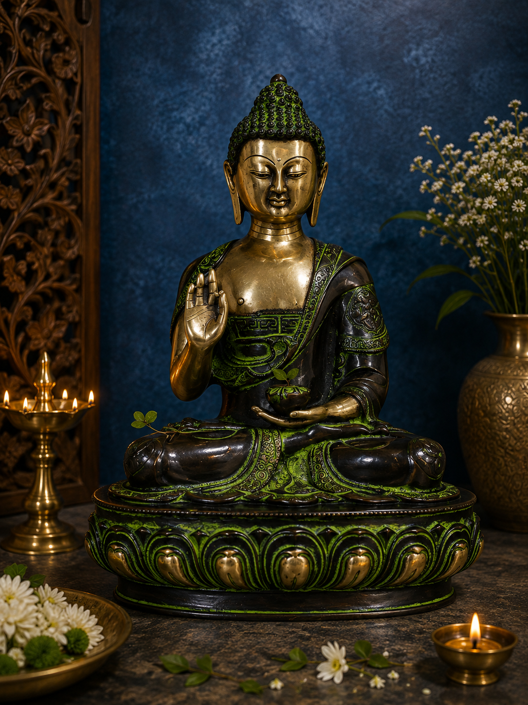 Brassaura® Lord Buddha Meditating in Dhyana Mudra, Seated Meditation Pose, Antique Green & Black Finish | Pure Superfine Brass Handcrafted Murti | Brass Statue for Home Temple, Pooja Room | Height 51 Inches | Weight 34 Kgs
