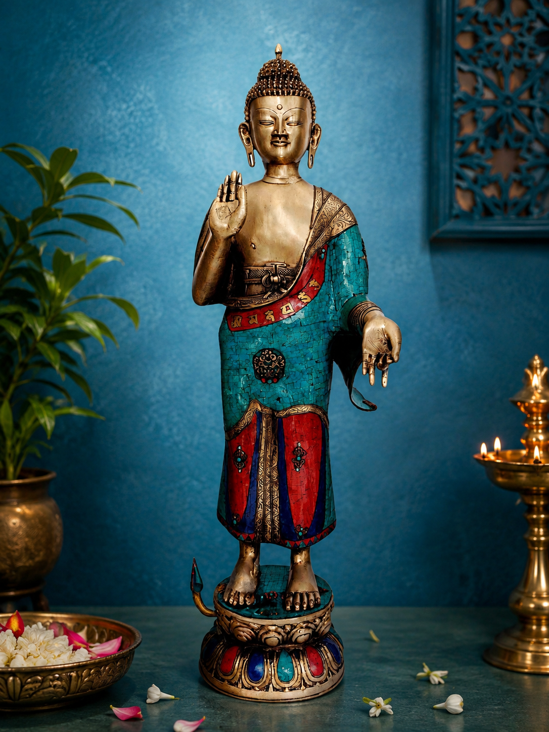 Brassaura® Standing Lord Buddha in Abhaya Mudra, Traditional Robe with Multicolor Antique Finish | Pure Superfine Brass Handcrafted Murti | Brass Statue for Home Temple, Pooja Room | Height 51 Inches | Weight 34 Kgs
