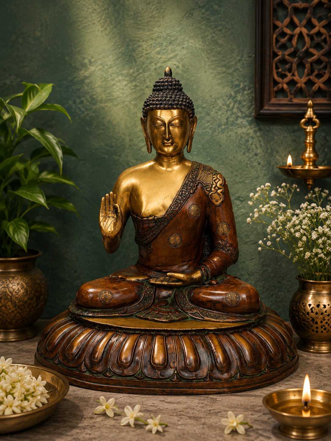 Brassaura® Lord Buddha Meditation Statue in Abhaya Mudra, Antique Brown & Brass Finish | Pure Superfine Brass Handcrafted Murti | Brass Statue for Home Temple, Pooja Room | Height 28 Inches Weight 33 Kg