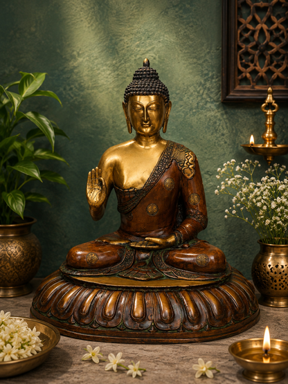 Brassaura® Lord Buddha Meditation Statue in Abhaya Mudra, Antique Brown & Brass Finish | Pure Superfine Brass Handcrafted Murti | Brass Statue for Home Temple, Pooja Room | Height 28 Inches Weight 33 Kg