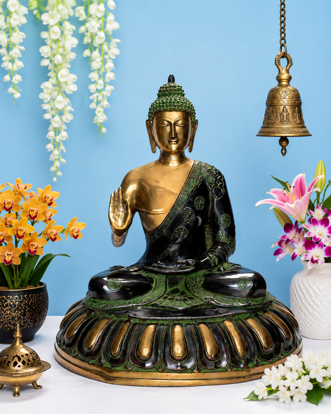 Brassaura® Lord Buddha Meditation Statue in Abhaya Mudra with Antique Black & Green Finish | Pure Superfine Brass Handcrafted Murti | Brass Statue for Home Temple, Pooja Room | Height 28 Inches | Weight 33 Kgs