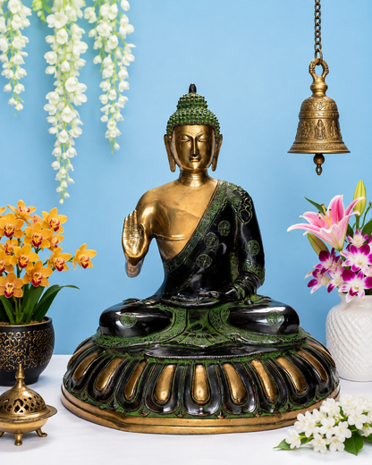 Brassaura® Lord Buddha Meditation Statue in Abhaya Mudra with Antique Black & Green Finish | Pure Superfine Brass Handcrafted Murti | Brass Statue for Home Temple, Pooja Room | Height 28 Inches | Weight 33 Kgs