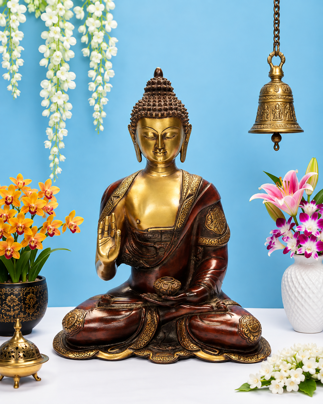 Brassaura® Lord Buddha Meditation Idol in Abhaya Mudra with Golden & Dark Brown Patina Finish | Pure Superfine Brass Handcrafted Murti | Brass Statue for Home Temple, Pooja Room | Height 14 Inches | Weight 7 Kgs