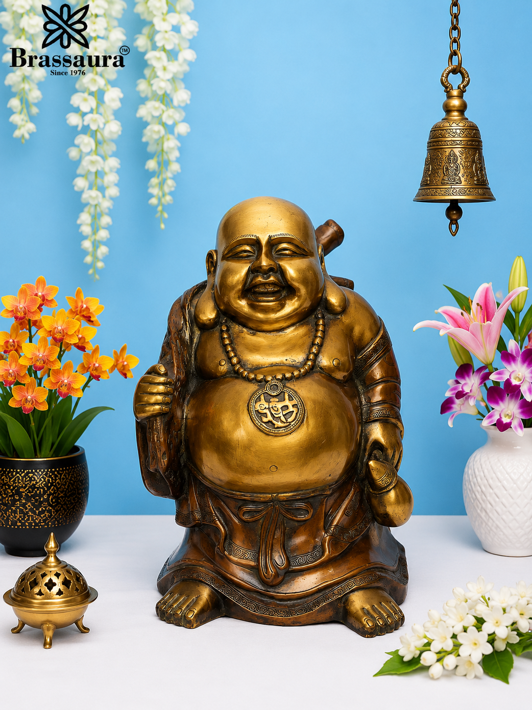 Brassaura® Laughing Buddha Seated Idol with Golden & Dark Brown Patina Finish | Pure Superfine Brass Handcrafted Murti | Brass Statue for Home Temple, Pooja Room | Height 20 Inches | Weight 21 Kgs