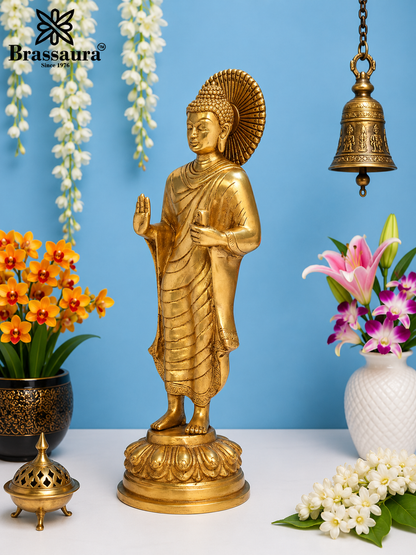 Brassaura® Buddha Standing Idol with Polished Golden Finish | Pure Superfine Brass Handcrafted Murti | Brass Statue for Home Temple, Pooja Room | Height 11 Inches | Weight 2.3 Kgs