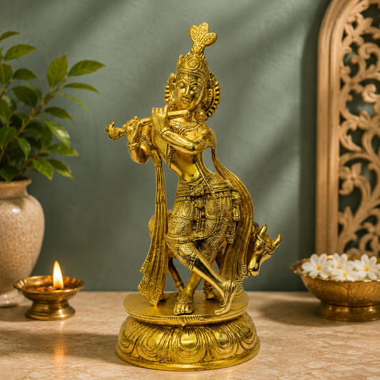 Brassaura® Lord Krishna Playing Flute with Cow, Tribhanga Pose, Gold Finish | Pure Superfine Brass Handcrafted Murti | Brass Statue for Home Temple, Pooja Room | Height 14.96 Inches | Weight 4.5 Kgs