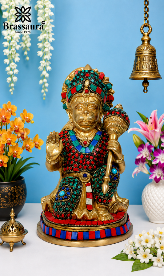 ब्रासौराष्ट्रम जेमस्टोन क्राफ्टेड ब्रास हनुमान मूर्ति – ऊंचाई 9.2 इंच और वज़न 3.4 किग्रा | मंदिर संग्रह