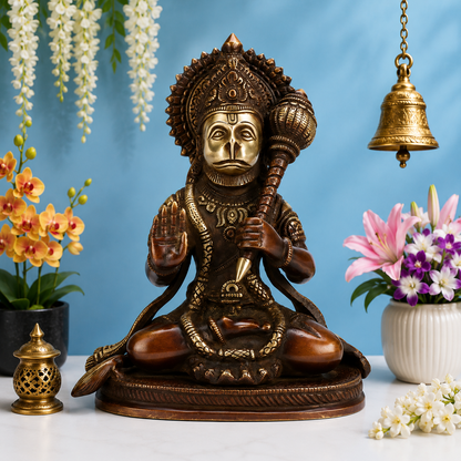 ब्रासुर्रा™ पीतल हनुमान मूर्ति - ऊंचाई 9.2 इंच और वज़न 2.7 किग्रा | दिव्य उपहार