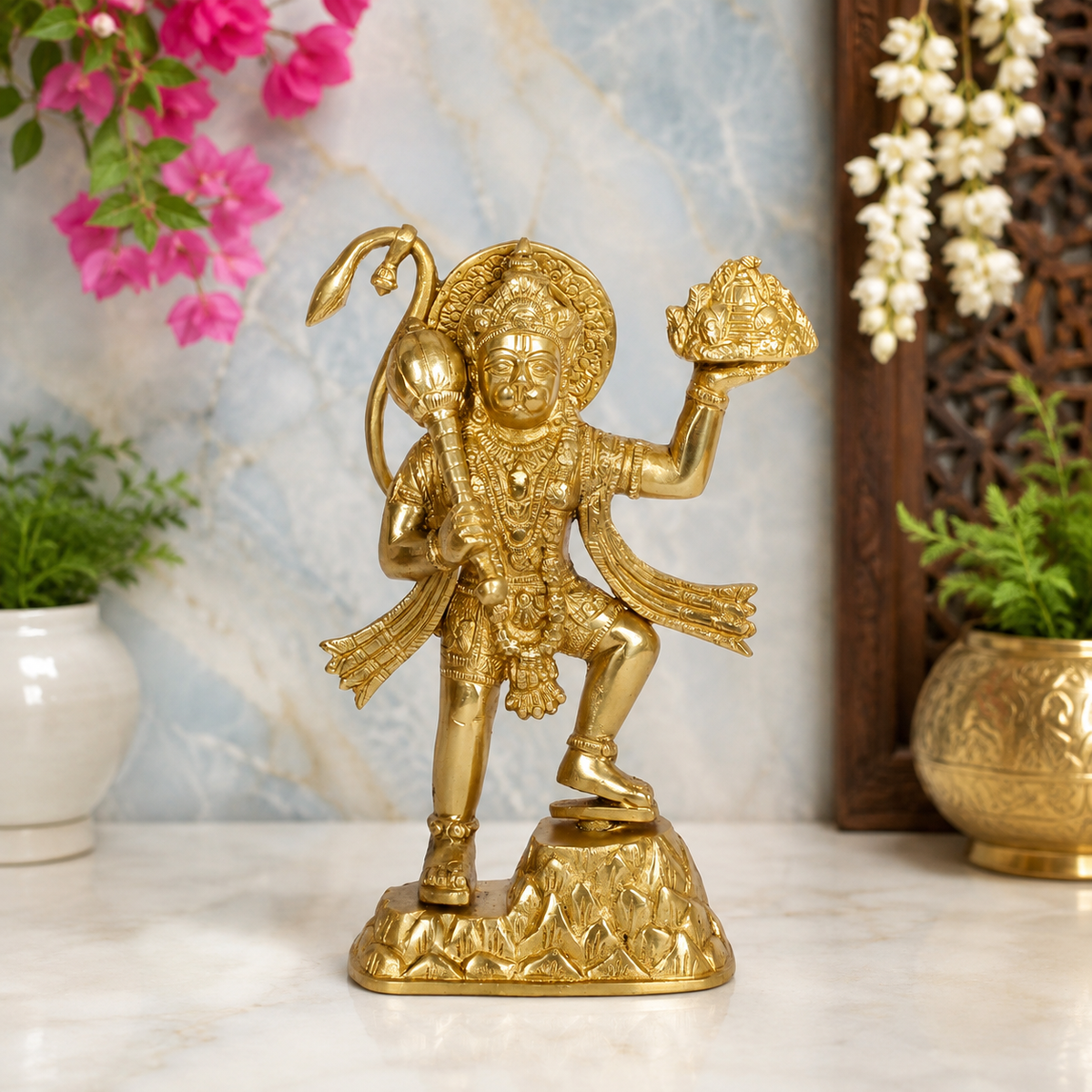 ब्रास्सौरा™ प्रीमियम ब्रास हनुमान मूर्ति – ऊंचाई 10.8 इंच और वज़न 1.8 किलोग्राम | पवित्र स्पर्श