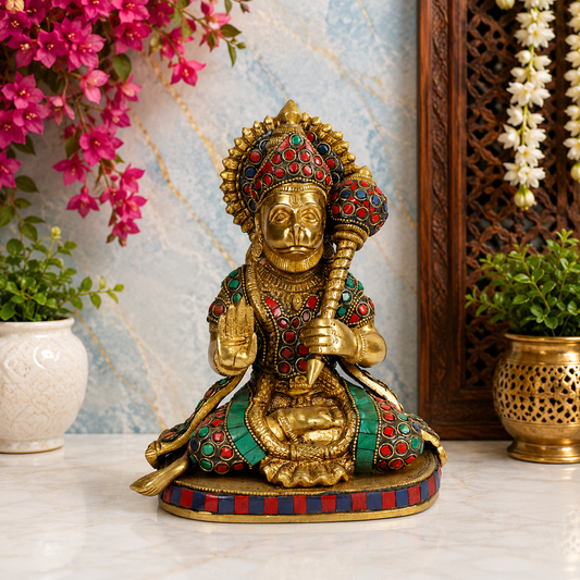 Brassaura™ ब्रास संकट मोचन जेम स्टोन वर्क हनुमान मूर्ति घर और सजावट के लिए, ऊंचाई 9.2 इंच और वज़न 2.80 किलोग्राम