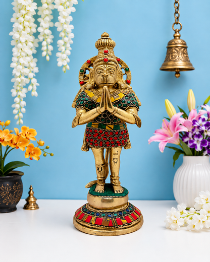 Brassaura® Hanuman Standing Namaste Pose Idol with Golden & Multi-Color Finish | Pure Superfine Brass Handcrafted Murti | Brass Statue for Home Temple, Pooja Room | Height 11.2 Inches | Weight 2.8 Kgs