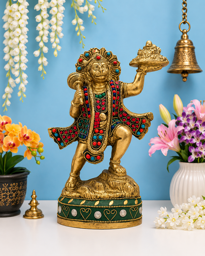 ब्रासुर्रा™ पीतल रत्न जड़ित काम वाली हनुमान मूर्ति - ऊंचाई 9.6 इंच और वज़न 2.7 किग्रा | मंदिर और त्योहार के उपयोग के लिए