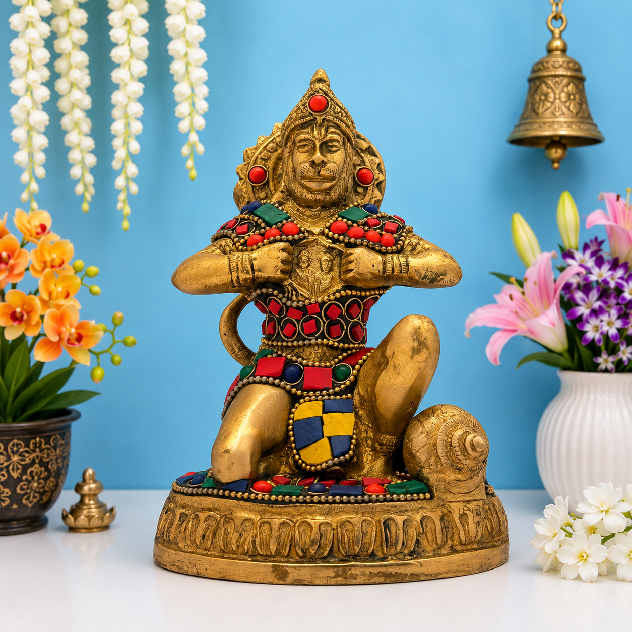 Brassaura® Hanuman Chest Opening Devotional Pose Idol with Golden & Multi-Color Finish | Pure Superfine Brass Handcrafted Murti | Brass Statue for Home Temple, Pooja Room | Height 5.6 Inches | Weight 1.1 Kgs